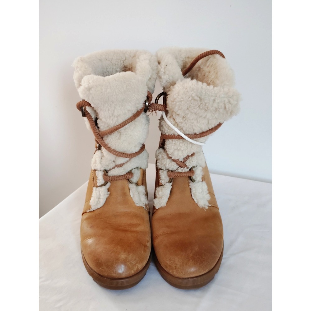 SOREL Women 8 Tan Leather Suede Shearling Lace Up Winter Boots Cozy Warm Lined